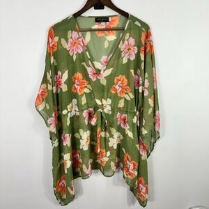Lane Bryant 14/16 Green Floral Sheer Kimono Swim Cover Up Boho Resort Beach